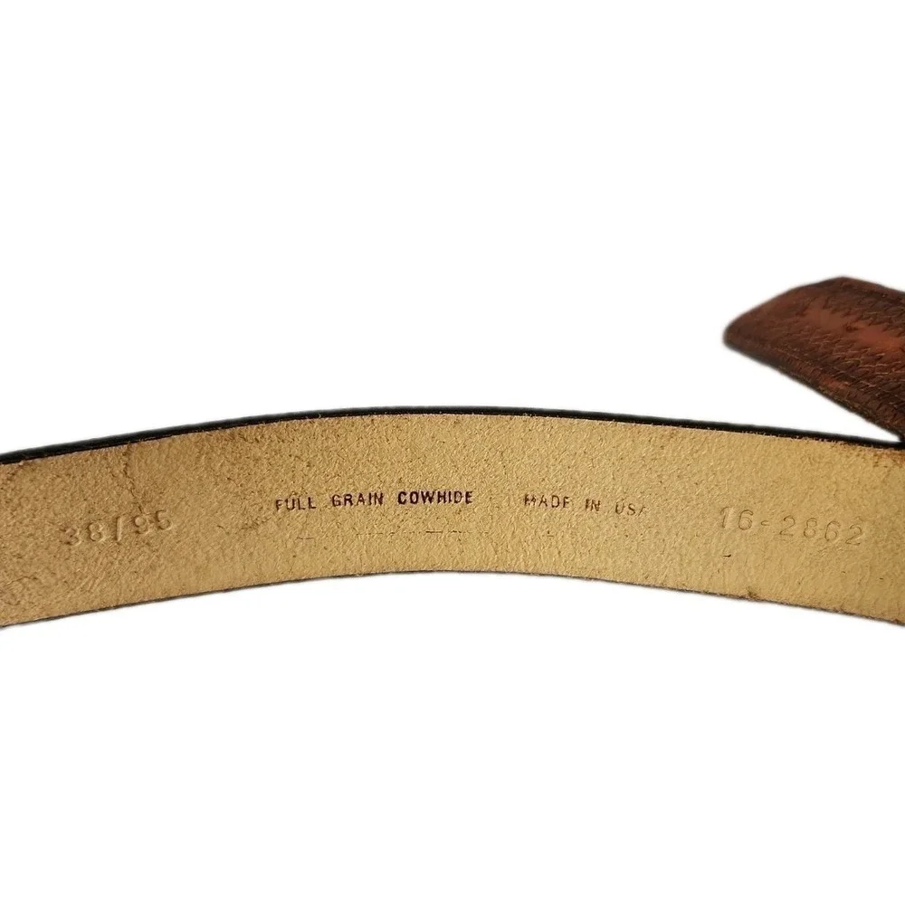 Vintage Chambers Belt Co Tooled Leather Belt USA Brown Brass Mens 38 Cowboy